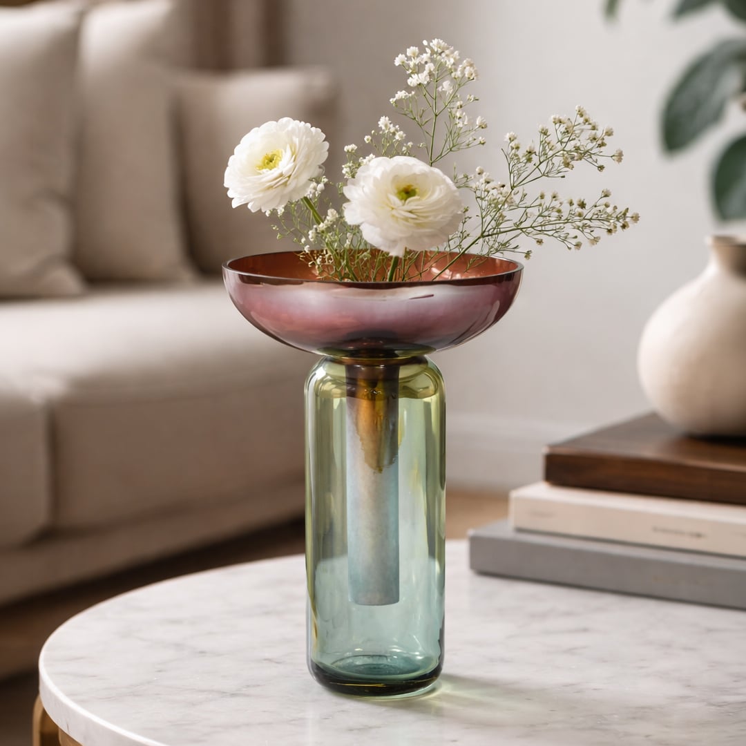 Multicolor glass pedestal vase styled on modern console table decorative glass accent piece for living room shelf styling home.