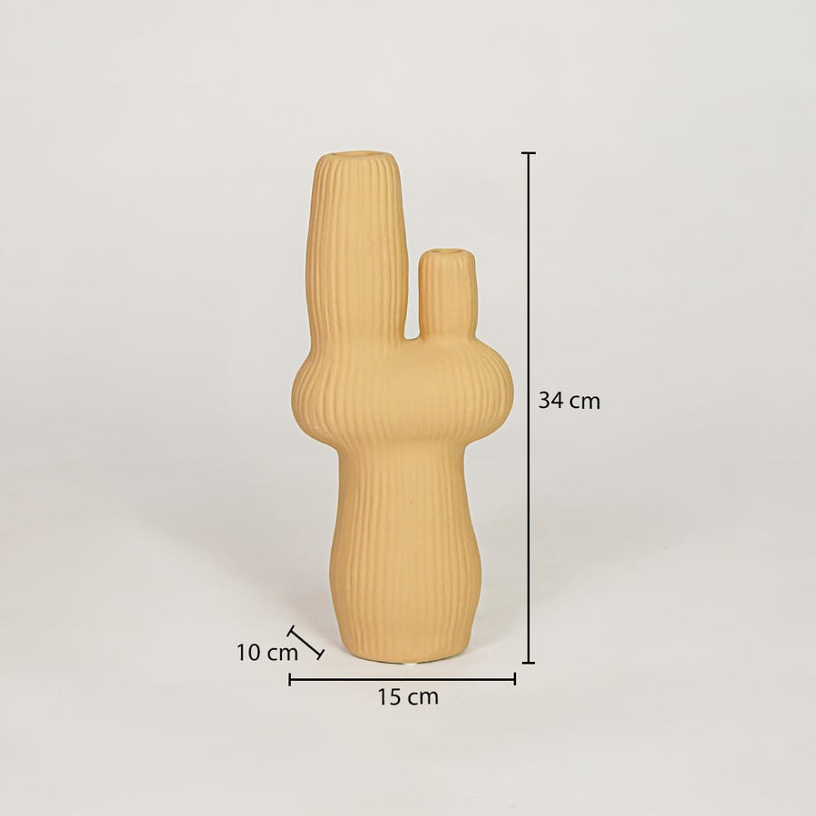 Mustard ceramic vase measuring 34 cm height and 15 cm width for modern tabletop decor placement styling.