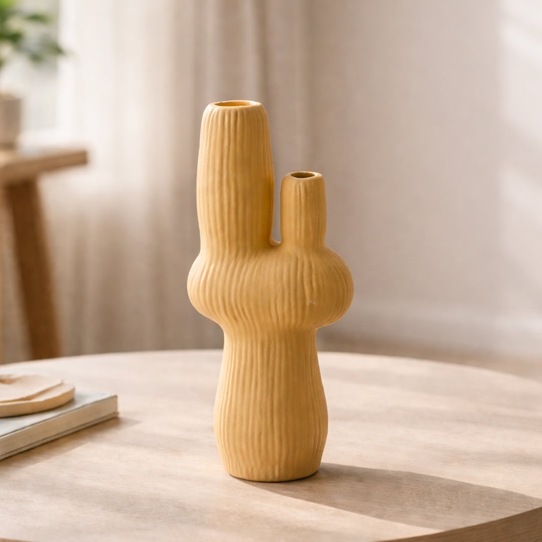 Mustard ceramic flower vase with ribbed texture placed on wooden table for modern home decor styling ideas.