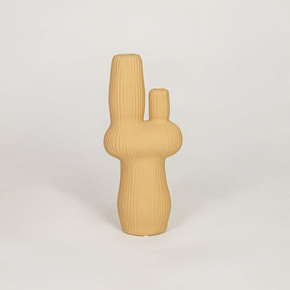 Mustard ceramic decorative vase with ribbed textured finish for modern tabletop shelf and console decor styling.