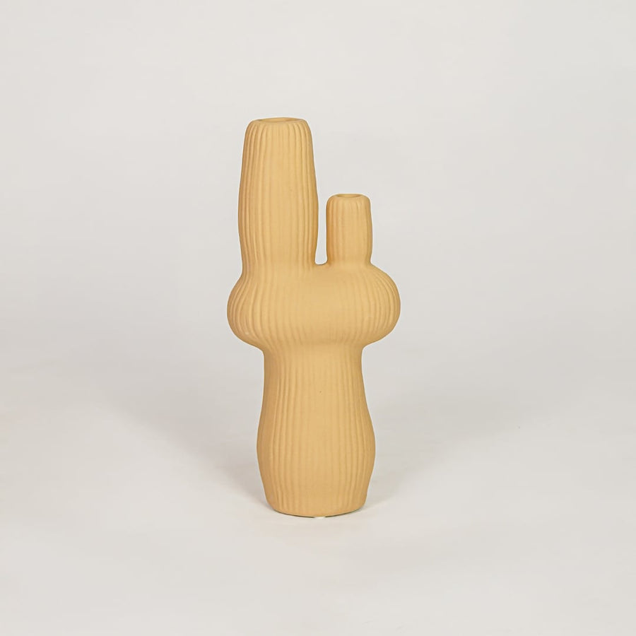 Mustard ceramic decorative vase with ribbed textured finish for modern tabletop shelf and console decor styling.