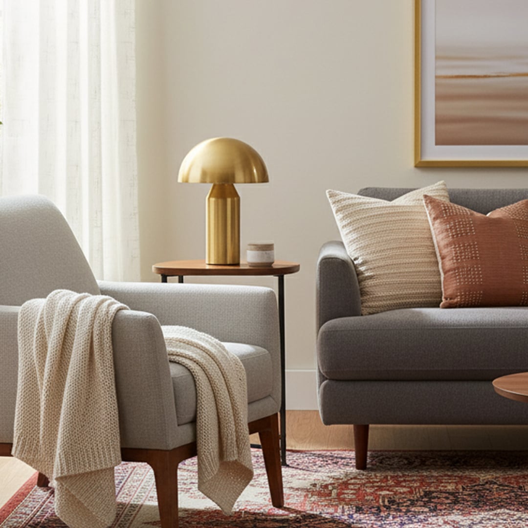 Gold metal dome table lamp with a sleek modern base placed on a wooden side table creating warm ambient lighting in a cozy neutral living room setting.