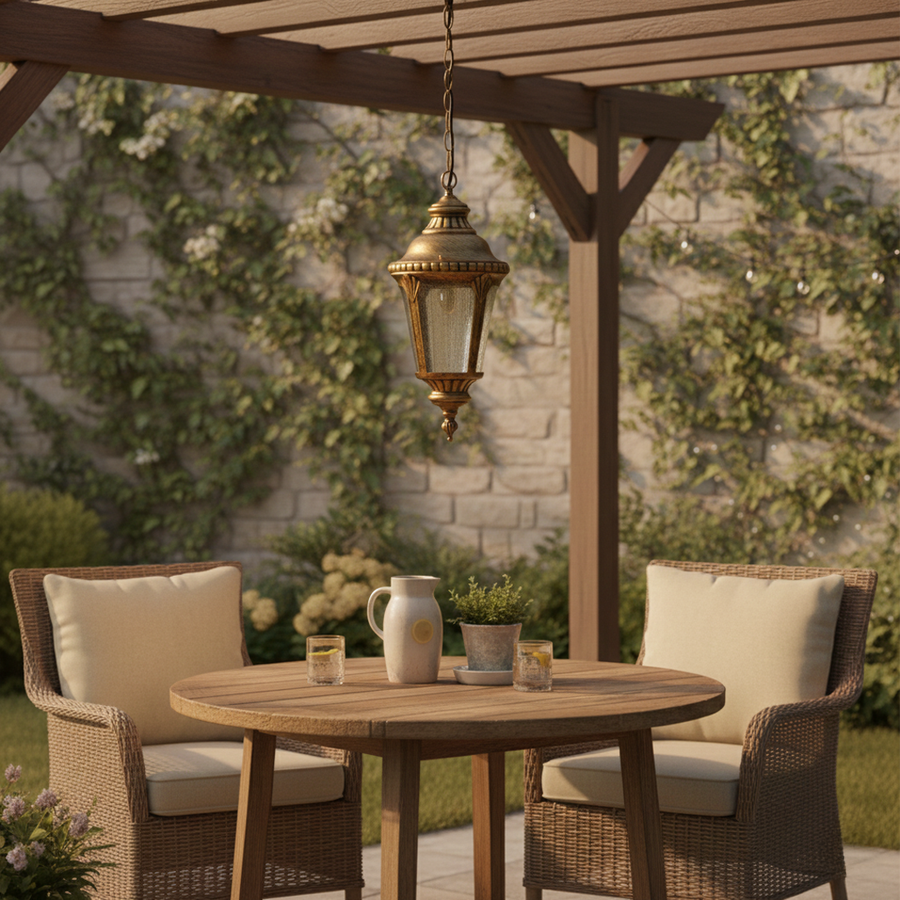Classic brass hanging lantern light enhancing cozy outdoor dining patio with warm vintage ambiance.