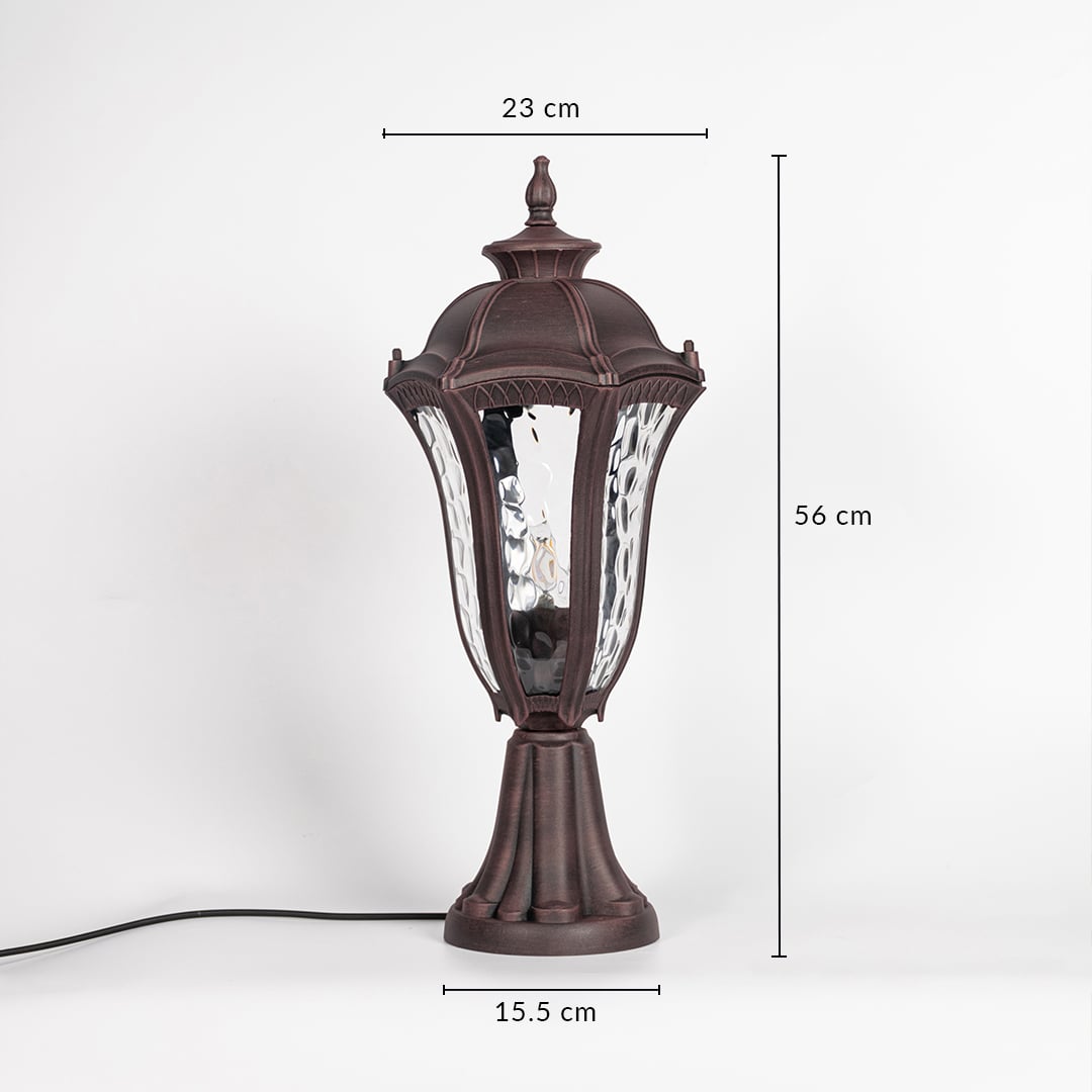 Antique brown pillar light with patterned clear glass measuring 56 cm height and 23 cm width ideal for outdoor pillar decor.