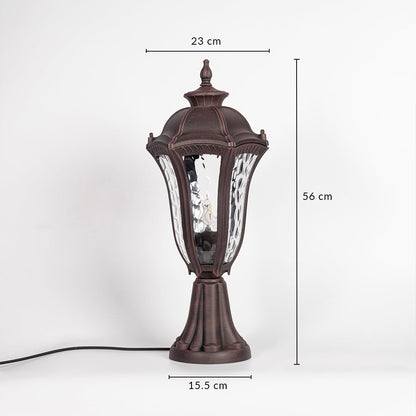 Antique brown pillar light with patterned clear glass measuring 56 cm height and 23 cm width ideal for outdoor pillar decor.