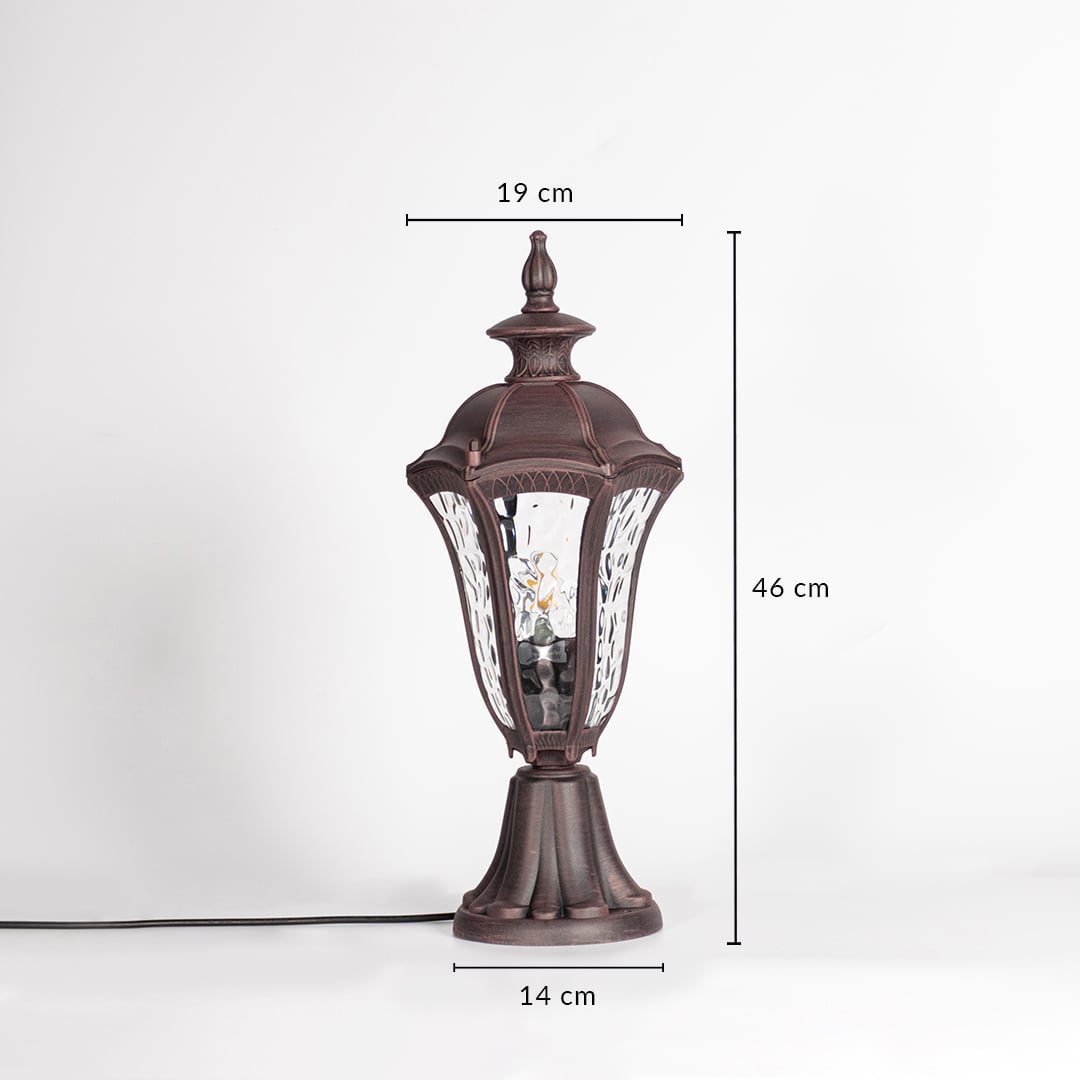 Antique brown pillar light with patterned glass measuring 46 cm height and 19 cm width ideal for outdoor pillar decor.