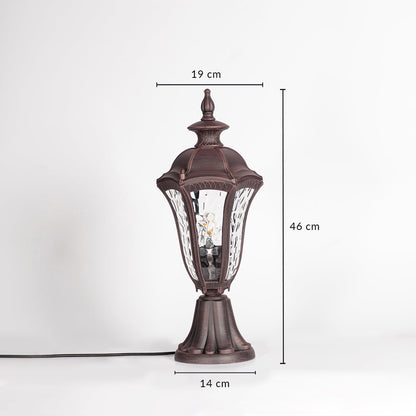 Antique brown pillar light with patterned glass measuring 46 cm height and 19 cm width ideal for outdoor pillar decor.