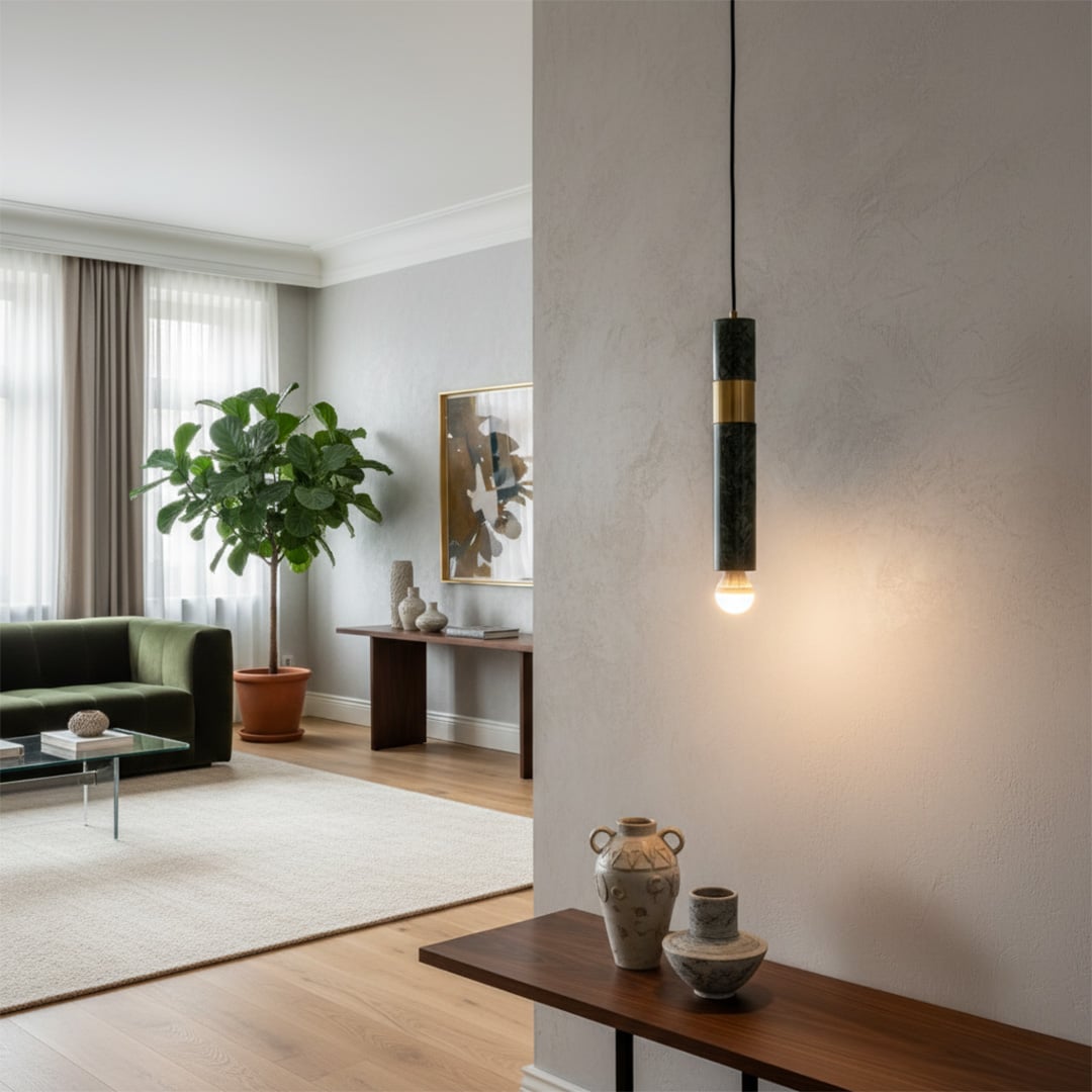 Slim hanging pendant light adding focused ambient lighting to a modern hallway console setup with plants and refined decor accents.