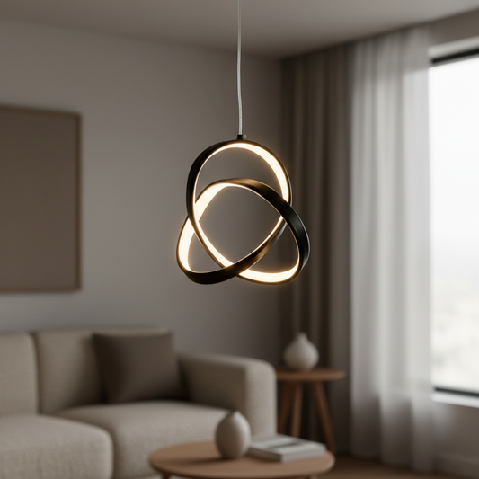 Black metal LED pendant light with warm glow enhancing modern living room decor beside the sofa.