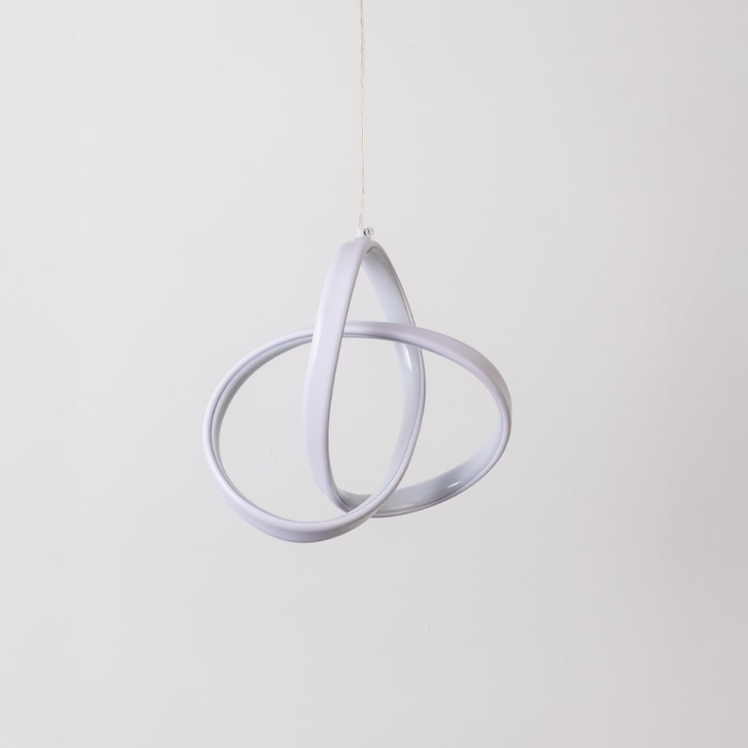 White twisted LED pendant light with light off shown on white background for living room bedroom and modern minimalist decor.