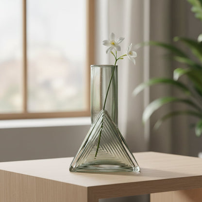 triangle geometric shape glass vase grey main lifestyle