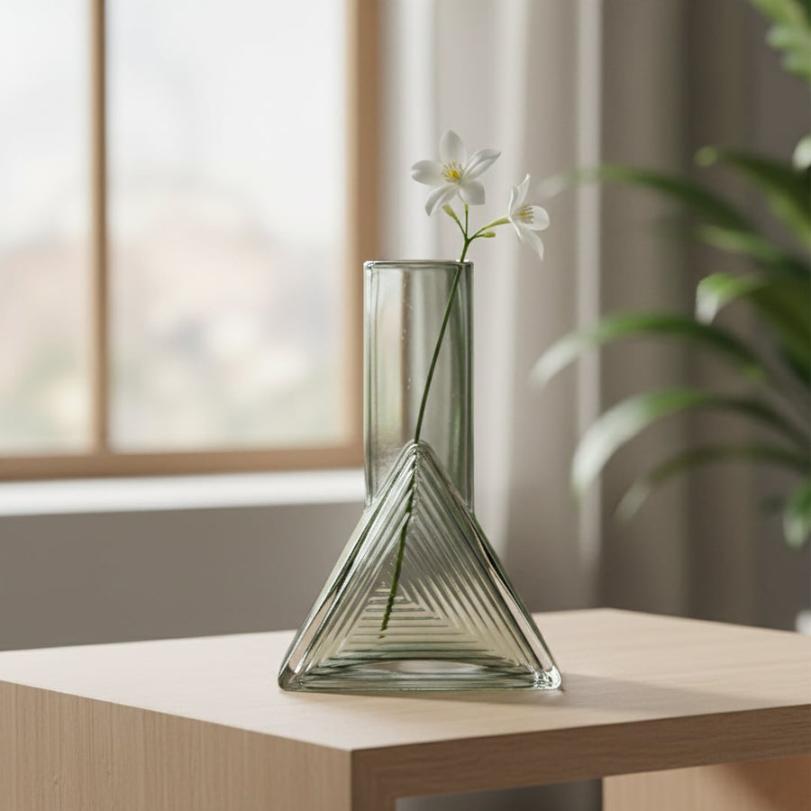 triangle geometric shape glass vase grey main lifestyle