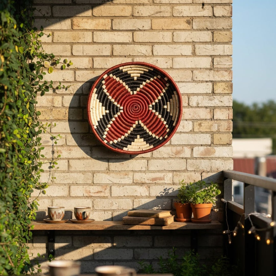 Woven round wall basket displayed on brick wall balcony adding bold texture greenery and relaxed outdoor home Decor charm.