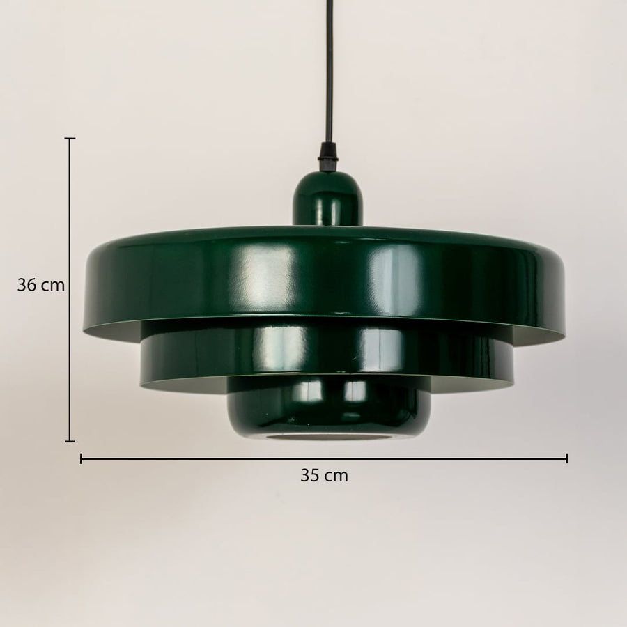 Dark green metal pendant light dimension image with 35 cm width and 36 cm height for modern dining placement.