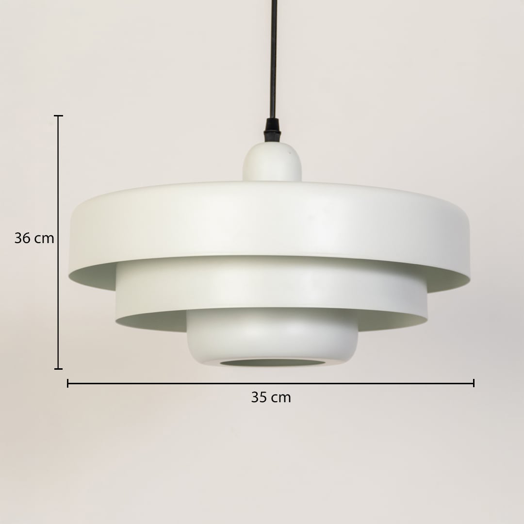 White metal pendant light dimension image with 35 cm width and 36 cm height for contemporary dining placement.
