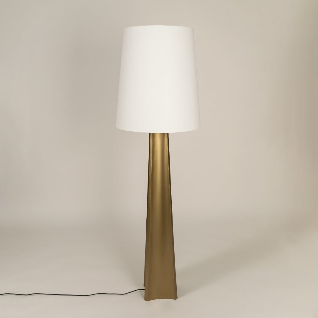 Floor lamp with metal base and large white shade shown switched off on a clean white background highlighting its modern sculptural silhouette for interior decor.