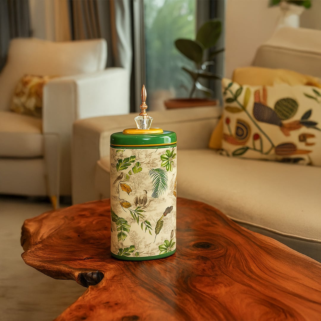 Tropical decorative jar placed on a wooden table enhancing modern living room decor with an earthy and vibrant touch.