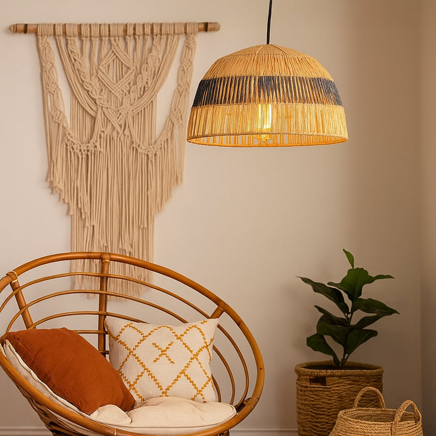Natural jute pendant light with black detailing creating a rustic modern vibe perfect for cozy dining and living room interiors.