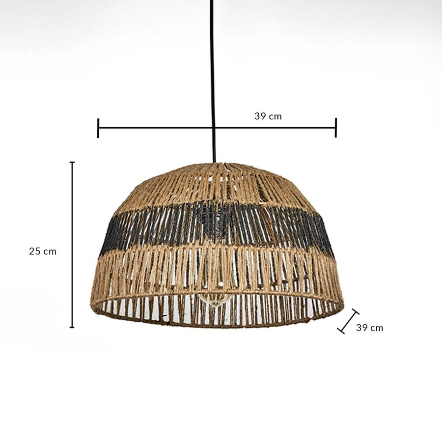 Jute pendant light dimension image showing 25 cm height and 39 cm width ideal for warm lighting in dining or bedroom spaces.