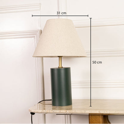 Green metal table lamp with fabric shade measuring 50 cm height and 31 cm shade width suitable for bedside and table Decor.