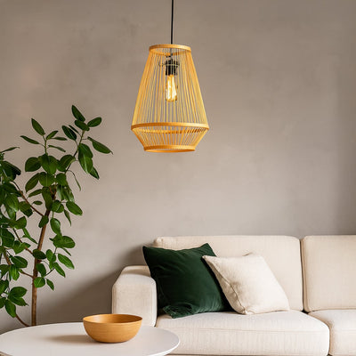 Geometric bamboo pendant light above bedside creating warm ambient lighting with rustic elegance.