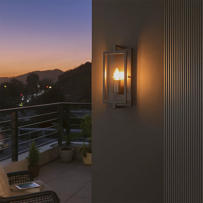 Outdoor wall light glowing warmly on a modern balcony wall at dusk creating an inviting evening atmosphere with soft illumination for exterior home spaces.
