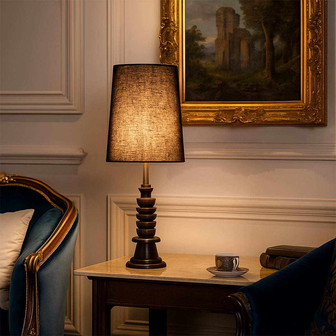Lifestyle image of table lamp with textured fabric shade and metal base placed on side table adding warm ambient living room lighting.