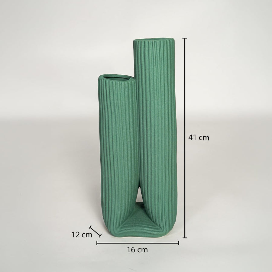 Green ceramic vase showing 41 cm height 16 cm width and 12 cm depth for accurate decor size reference.