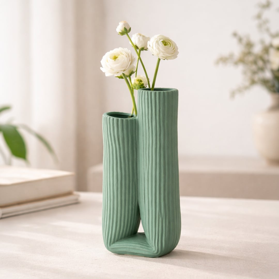 Green ceramic ribbed double vase placed on living room table with white flowers styled for modern home decor.