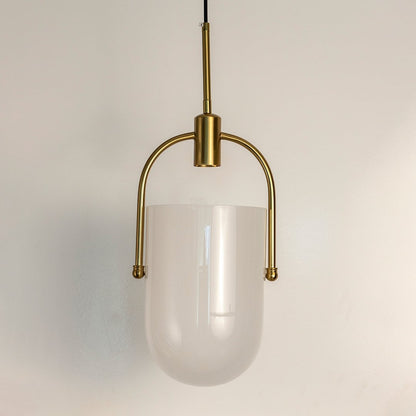 Frosted white glass pendant light with gold frame crafted for modern dining and living spaces.
