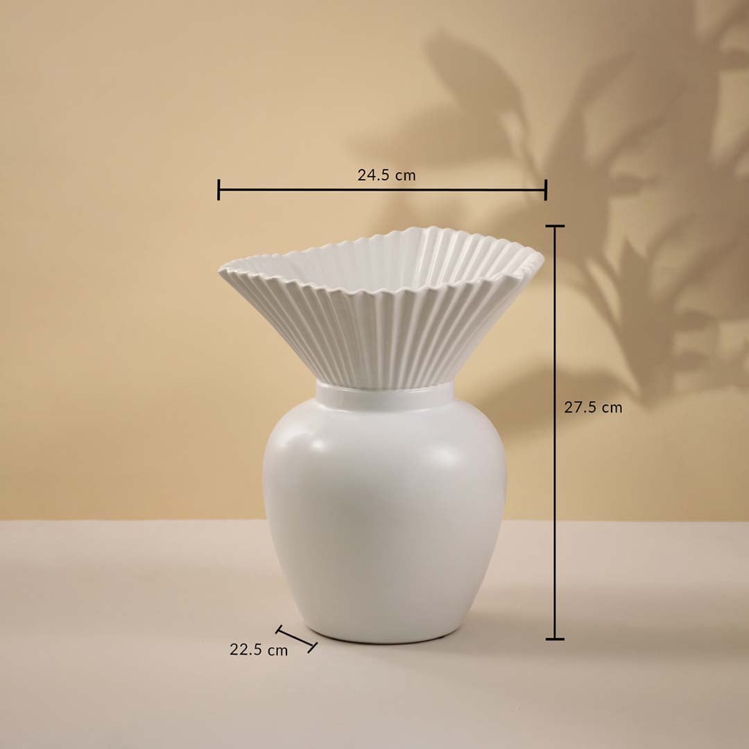 White ceramic vase with elegant fluted neck shown on neutral background featuring height 27 cm width 24 cm and base diameter 22 cm for accurate size details.
