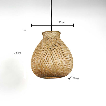 Rattan pendant light with bulbous woven shade displayed with 33 cm height and 30 cm width product dimensions.
