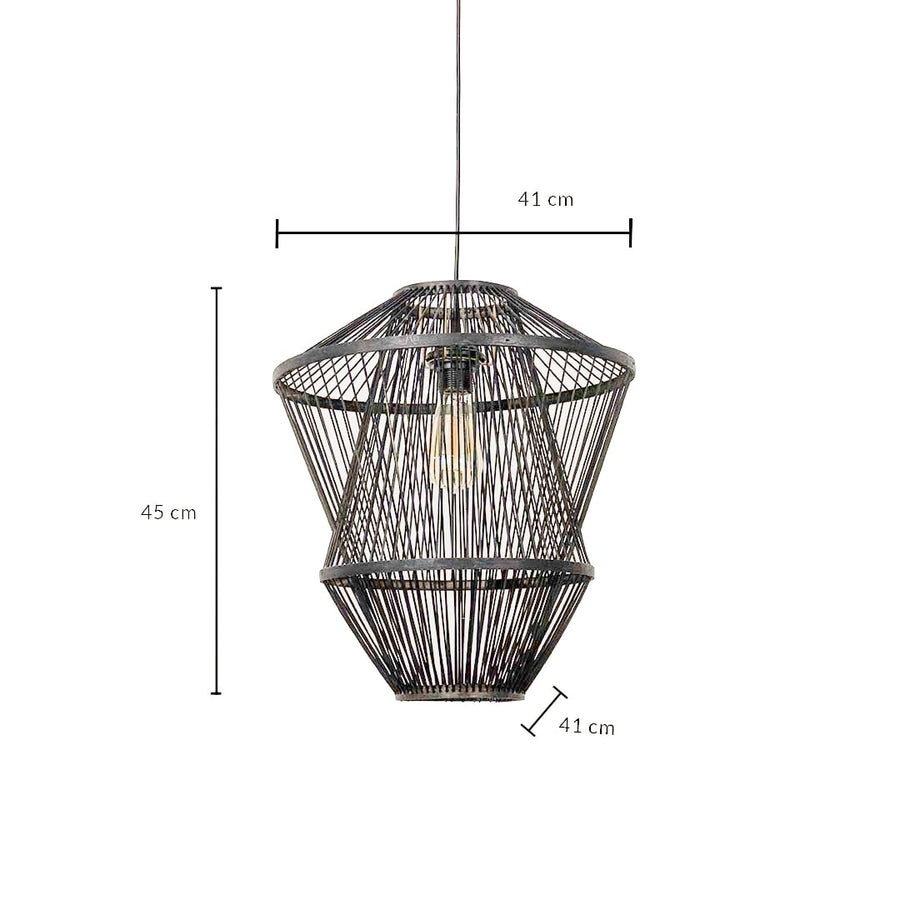 Dimension image of diamond shaped charcoal bamboo pendant light with fine slats showing 45 cm height and 41 cm width.
