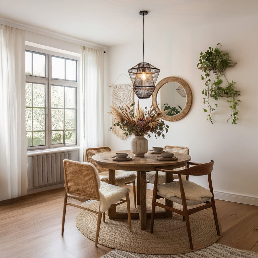 Industrial black wire pendant light creating a bold design statement and warm glow for stylish modern interiors.