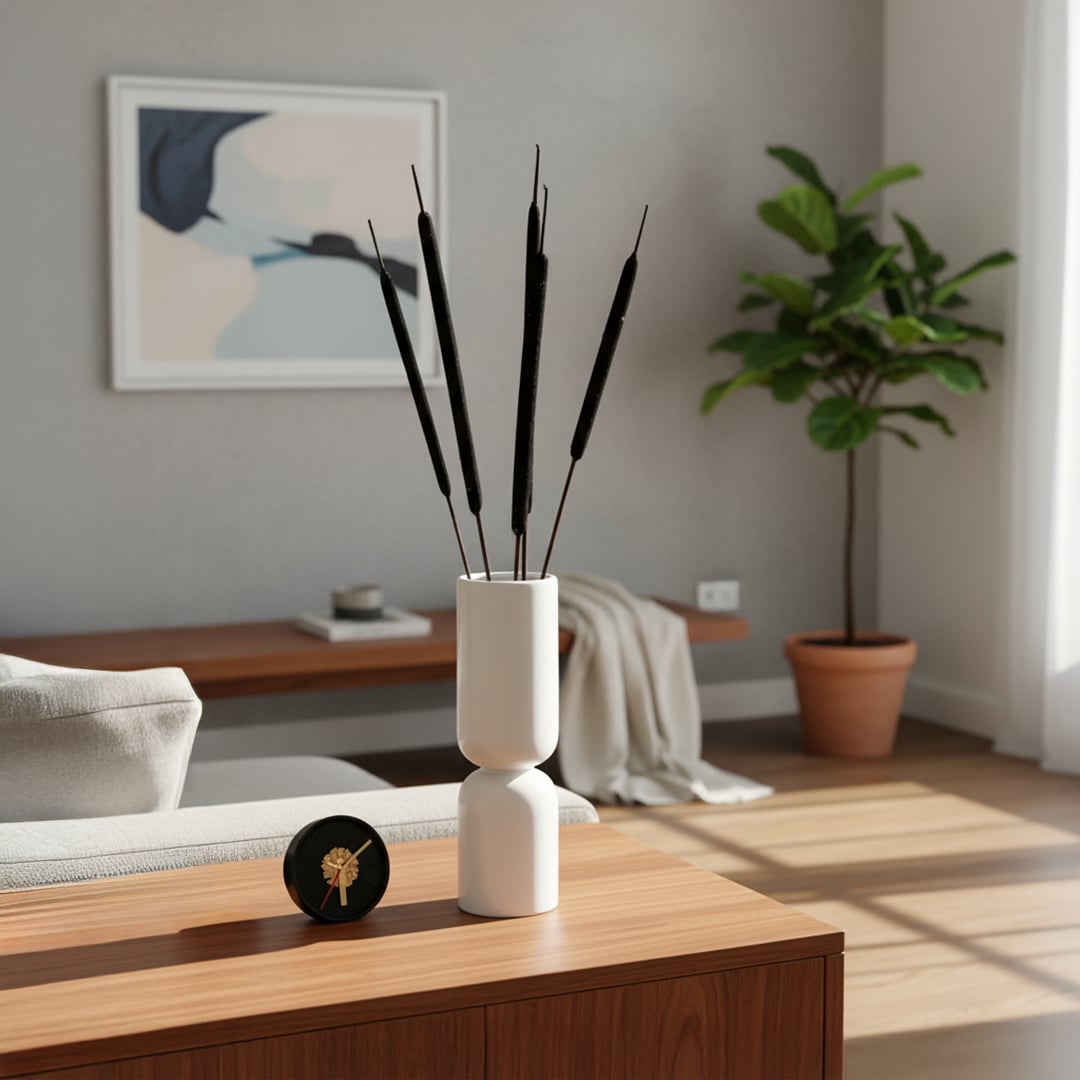 Minimal white ceramic vase with tall black decorative stems placed on wooden console beside clock sofa and plant creating calm modern living room style.