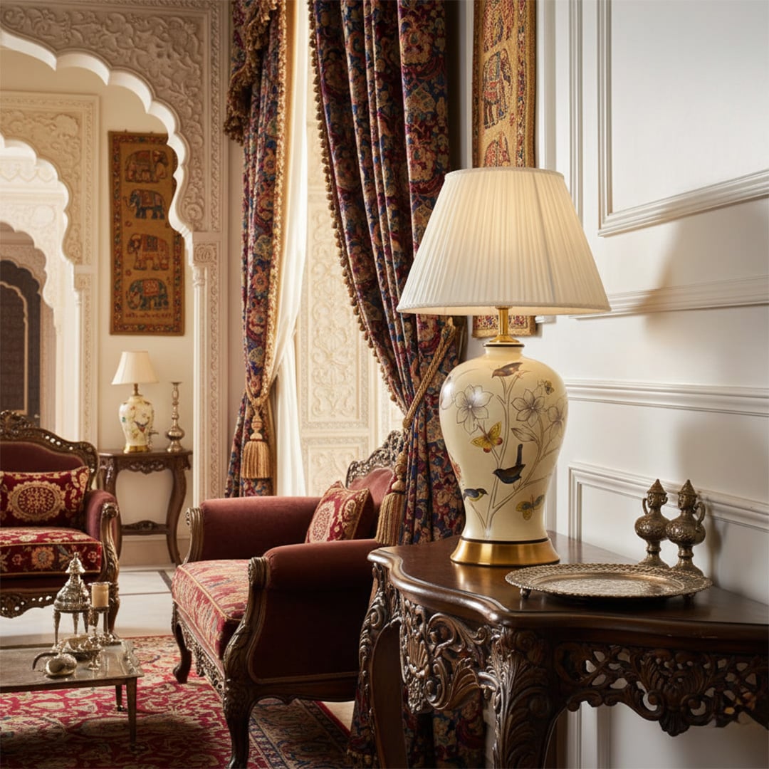 Table lamp with a floral ceramic base and pleated fabric shade placed on a carved wooden console in a royal Indian living room with ornate arches rich curtains and traditional decor.