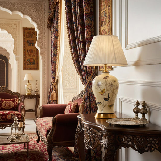 Table lamp with a floral ceramic base and pleated fabric shade placed on a carved wooden console in a royal Indian living room with ornate arches rich curtains and traditional decor.