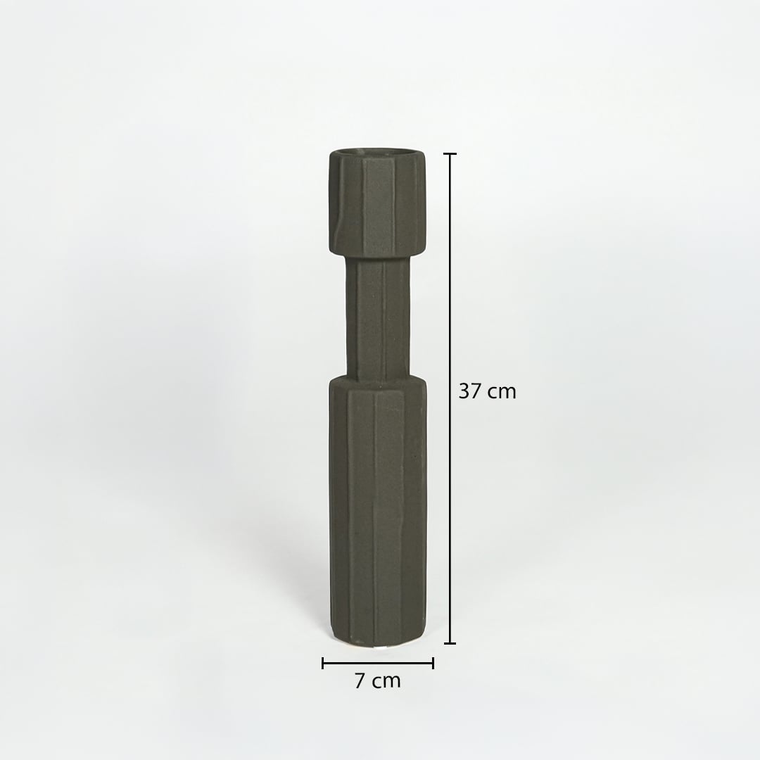 Black metal decorative candle holder measuring 37 cm height and 7 cm width ideal for modern tabletop decor styling.
