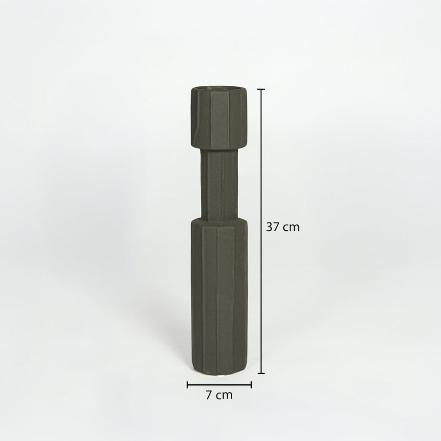 Black metal decorative candle holder measuring 37 cm height and 7 cm width ideal for modern tabletop decor styling.
