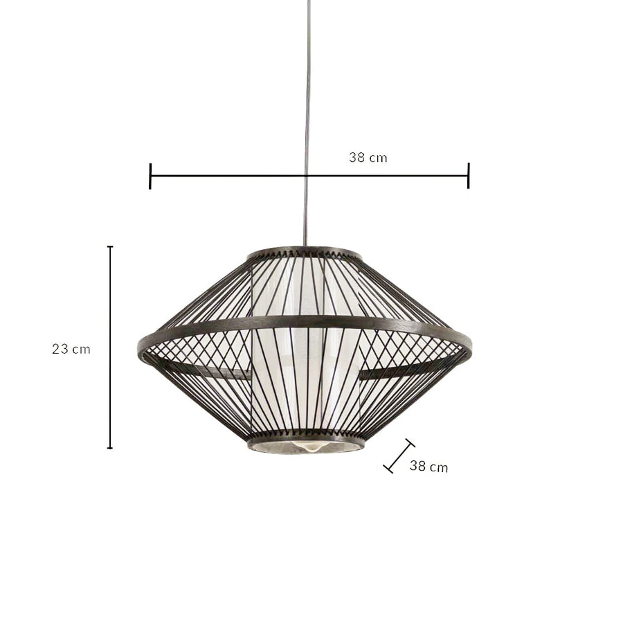 Dimension image of geometric diamond black slat pendant light with white fabric inner shade showing 28 cm height and 39 cm width.