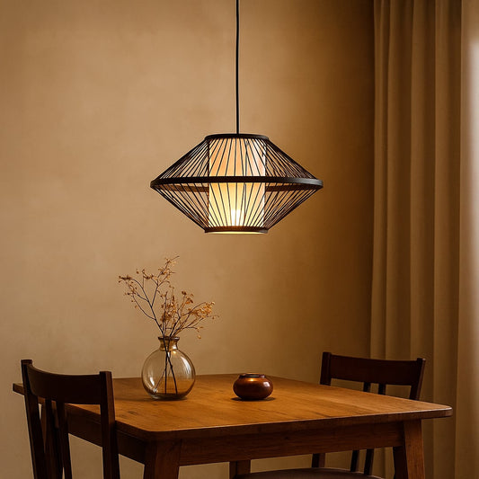 Geometric black wire pendant light adding modern sophistication and soft ambient glow to stylish living interiors.