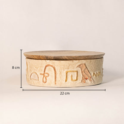 Hieroglyph box measuring 22 cm in width and 8 cm in height - perfect for decor or storage use in modern interiors.