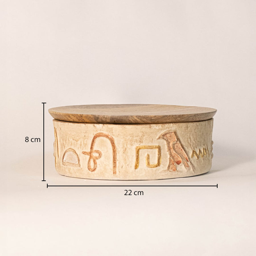 Hieroglyph box measuring 22 cm in width and 8 cm in height - perfect for decor or storage use in modern interiors.