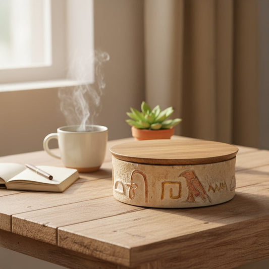 Hieroglyph box placed on a wooden table beside a coffee cup and notebook in a cozy softly lit living room.