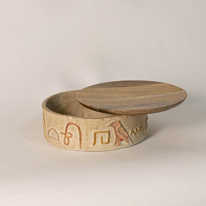 Hieroglyph box on plain white background highlighting engraved Egyptian motifs and smooth handcrafted ceramic finish.