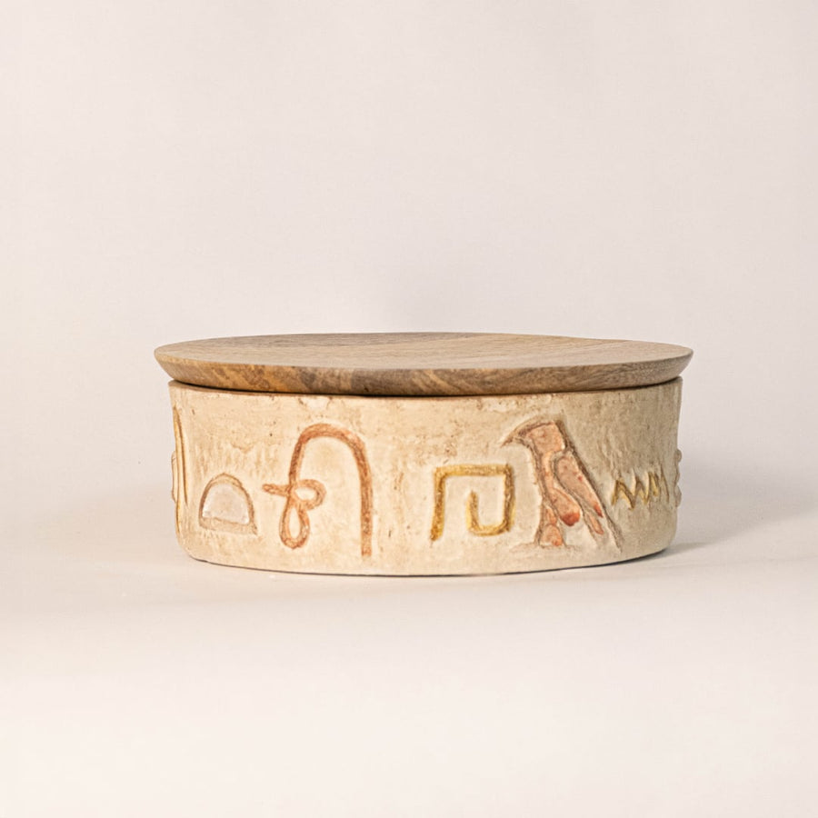 Hieroglyph box on clean white background showing engraved details and elegant handmade finish.