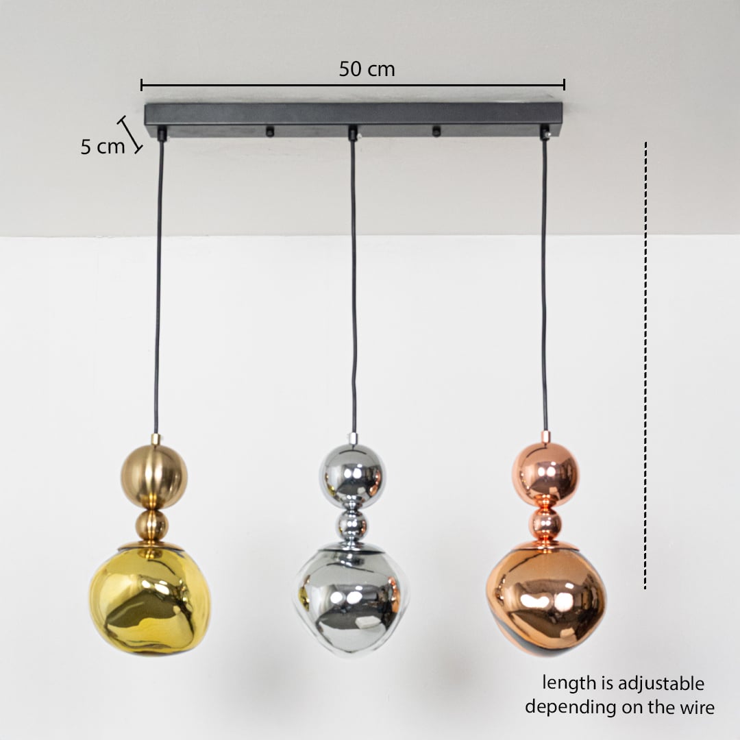 Adjustable metal pendant light set in gold silver and copper tones shown with a clear hanging height guide for accurate lighting display.