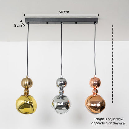 Adjustable metal pendant light set in gold silver and copper tones shown with a clear hanging height guide for accurate lighting display.