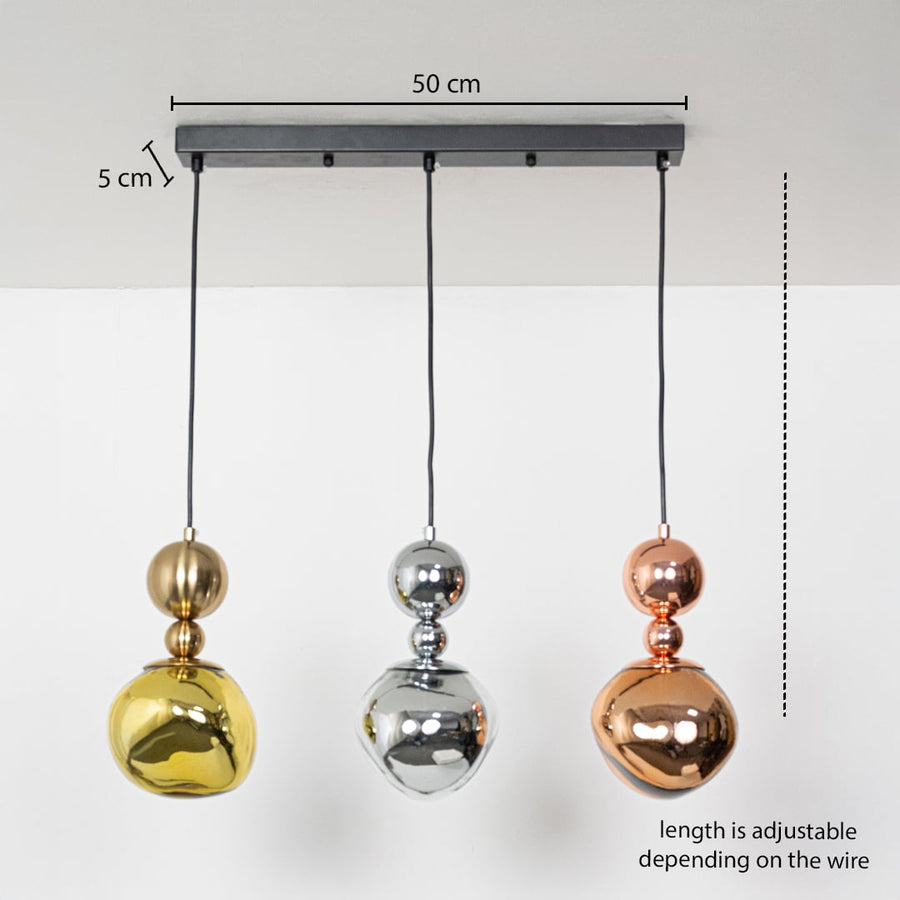 Adjustable metal pendant light set in gold silver and copper tones shown with a clear hanging height guide for accurate lighting display.