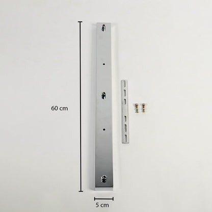 Silver rectangular ceiling canopy measuring 60 cm by 5 cm supporting adjustable gold silver and copper metal pendant lights for modern interiors.